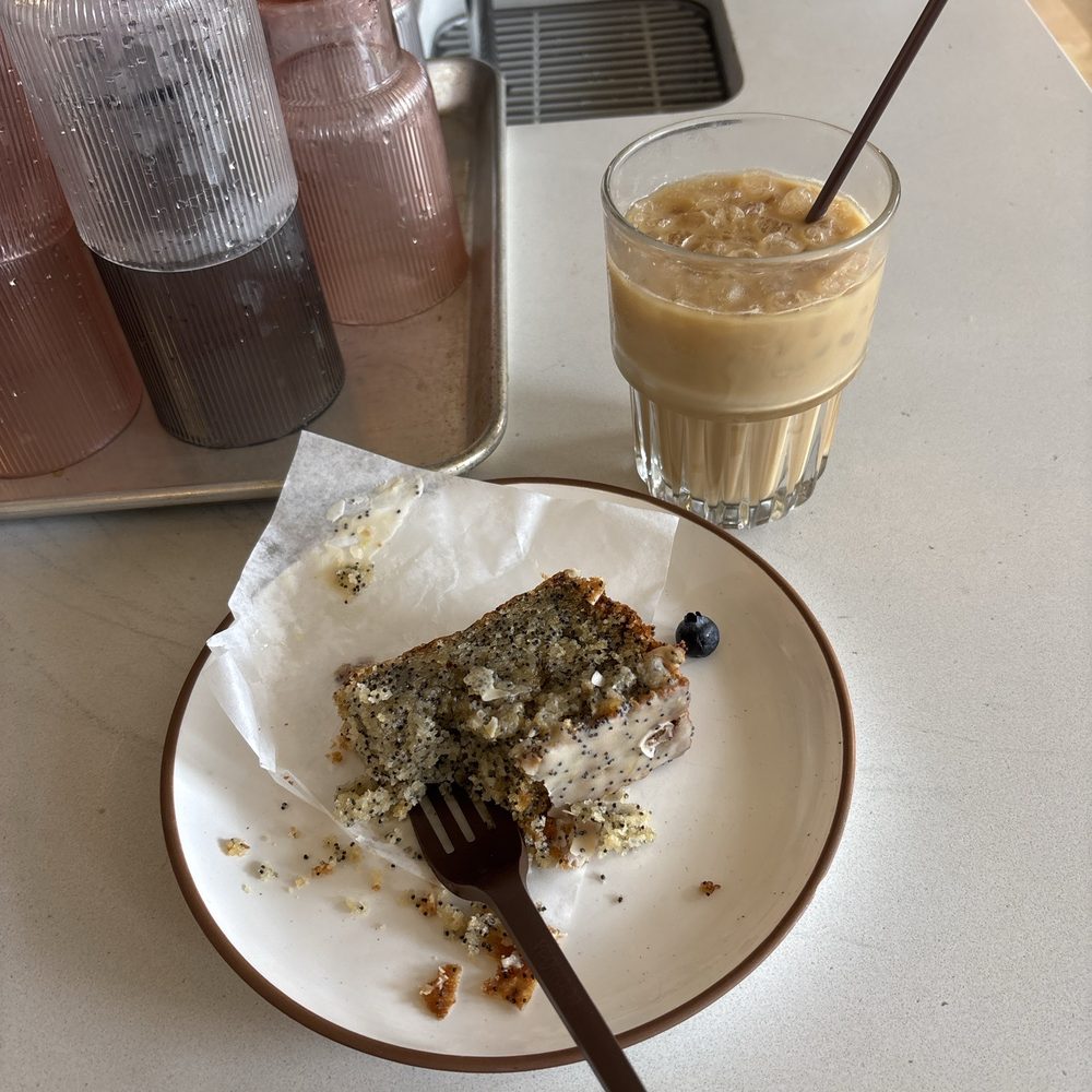 Lemon poppy seed loaf and an iced vanilla latte.