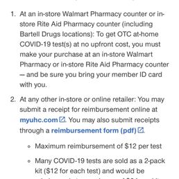 Documentation for UHC Optum insurance for self test reimbursement and 0 upfront cost with medical id at Walmart and rite aid pharmacies