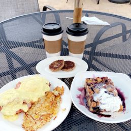 Eggs Benedict, Blueberry French Toast Bake, Sausage Patties, & Turtle Mochas with Oat Milk Eggs Benedict, Blueberry French Toast Bake, Sausage Patties, & Turtle Mochas with Oat Milk