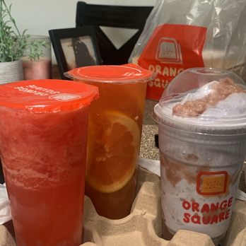 Orange Square - A33. Fresh Watermelon Juice, A36. Fresh Grapefruit Green Tea, snow A08. Fresh Taro Milk Tea with Fresh Taro Chunk - Taiwanese Near Me - Santa Clara, California