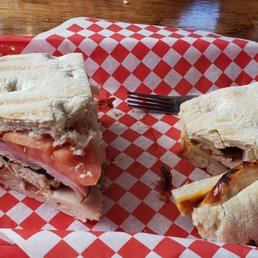 Panini sandwich, 1/2 Turkey Club  and  1/2 BBQ Chicken 3 cheese.