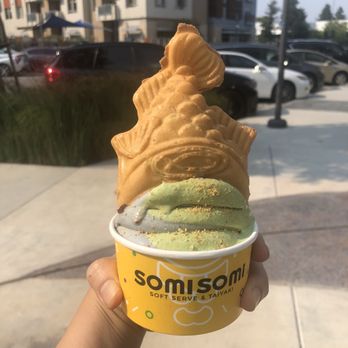 Somisomi - Matcha/ sesame soft serve with red bean taiyaki filling. - Desserts Near Me - Cupertino, California Somisomi - Matcha/ sesame soft serve with red bean taiyaki filling. - Desserts Near Me - Cupertino, California