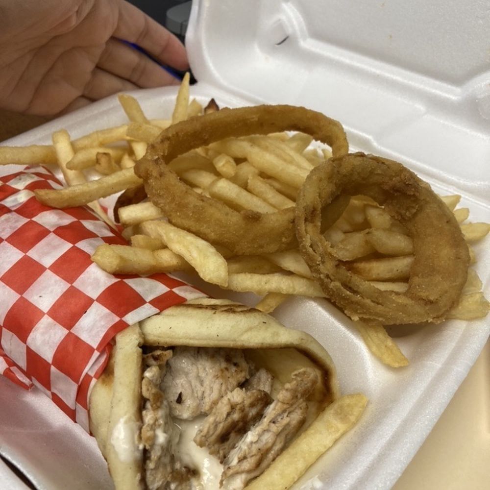 Goody's Grill - Pork souvlaki pita , French fries and onion rings. - Diners Near Me - Winston-Salem, North Carolina
