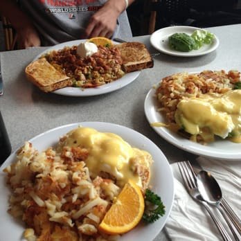 Schooner or Later - half mess in the back and crab and avocado Benedicts in the front - Sandwiches Near Me - Long Beach, California
