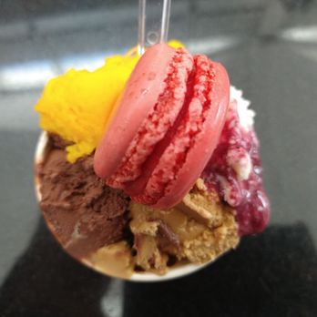 Amorino Gelato - Mango sorbet, chocolate gelato, dulce de leche gelato, and blueberry cheesecake gelato, topped with a lovely raspberry macaron! - Desserts Near Me - Atlanta, Georgia