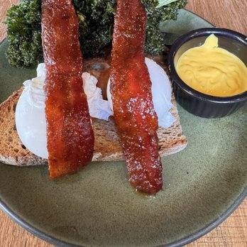 Darla Cafe - Eggs Benedict with bacon and crispy Kale, hollandaise sauce on the side - Asian Fusion Near Me - Saratoga, California Darla Cafe - Eggs Benedict with bacon and crispy Kale, hollandaise sauce on the side - Asian Fusion Near Me - Saratoga, California