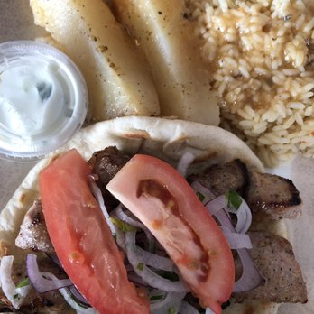Ambrosia Greek Eatery - Pork Souvlaki with potatoes and rice - Greek Near Me - Bartlett, Illinois