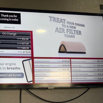 Jiffy Lube - This is the price listing inside the waiting area. I had to ask for the price outside since it wasn't stated. - Oil Change Stations Near Me - Henderson, Nevada Jiffy Lube - This is the price listing inside the waiting area. I had to ask for the price outside since it wasn't stated. - Oil Change Stations Near Me - Henderson, Nevada