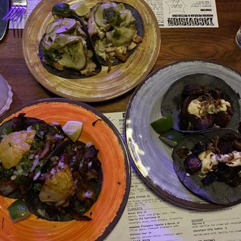 Tacovision - Al Pastor Taco (left), Crispy Brussel Sprouts Taco (right), Chicken Shawarma Taco (top) - Tacos Near Me - New York, New York Tacovision - Al Pastor Taco (left), Crispy Brussel Sprouts Taco (right), Chicken Shawarma Taco (top) - Tacos Near Me - New York, New York