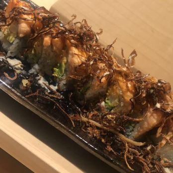 Sushi Hiro - No name special roll... shrimp tempura and crab meat inside with Salomon on the out , topped with fried shallots .... this roll is bomb!!! - Japanese Near Me - Las Vegas, Nevada Sushi Hiro - No name special roll... shrimp tempura and crab meat inside with Salomon on the out , topped with fried shallots .... this roll is bomb!!! - Japanese Near Me - Las Vegas, Nevada