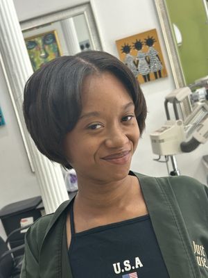 Silk Press - Natural hair girls like a change from the curly to straight, we washed treated the hair with the required conditioning treatment for there texture. Treatment was processed under a hair steamer then styled. Silk Press - Natural hair girls like a change from the curly to straight, we washed treated the hair with the required conditioning treatment for there texture. Treatment was processed under a hair steamer then styled.