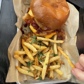 Over Under Public House - Bacon burger with fries - New American Near Me - Burbank, California