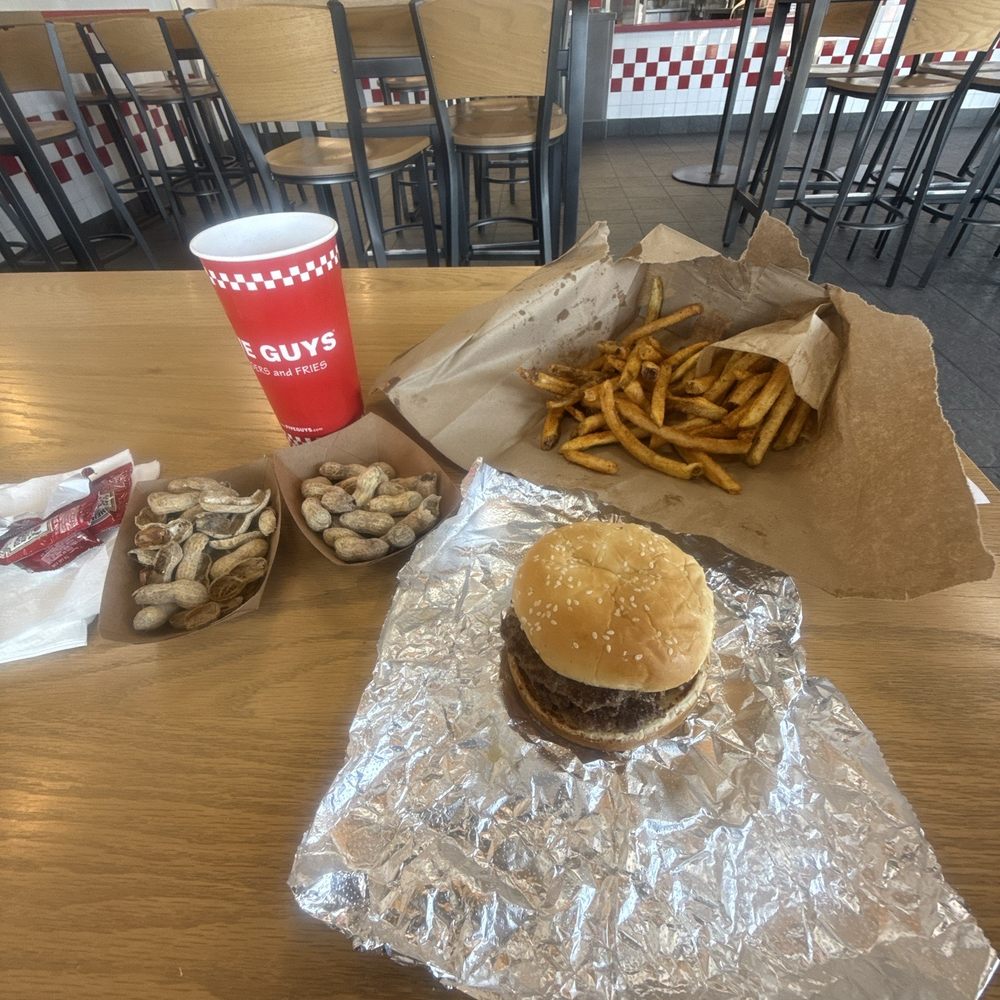 Five Guys - Burger combo with Cajun Fries and salted peanuts and tea! - Burgers Near Me - Austin, Texas