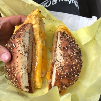 Shalom's Cafe & Donuts - Sausage Egg and Cheese everything Bagel - Donuts Near Me - Oakland, California Shalom's Cafe & Donuts - Sausage Egg and Cheese everything Bagel - Donuts Near Me - Oakland, California