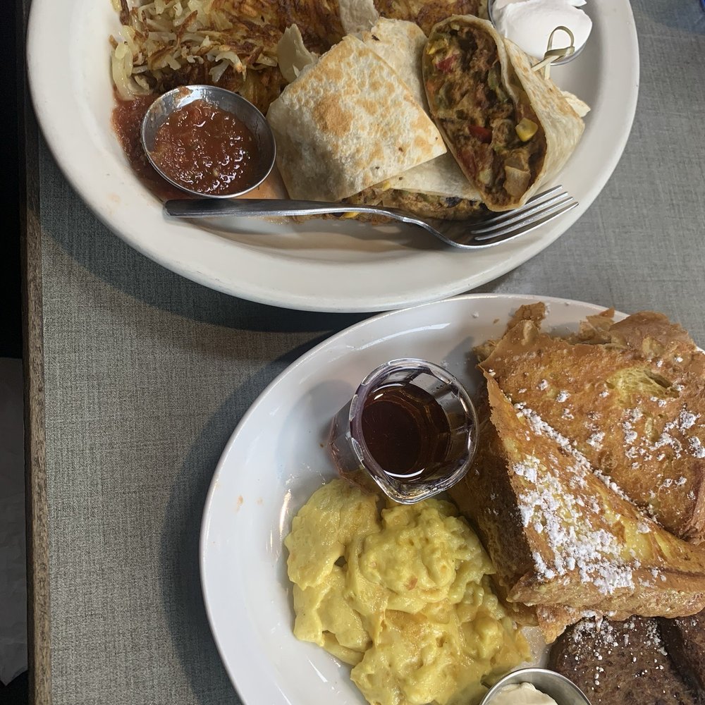 Vegan Breakfast Burrito OO with hash browns (top), Vegan French Toast Combo OO (bottom). So good!!!