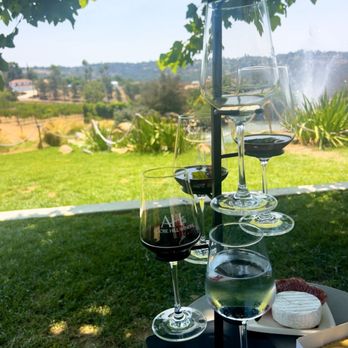 Adobe Hill Winery - Lovely tasting flights outdoors under the trees with cheese basket, fountain and pond - Wineries Near Me - Fallbrook, California