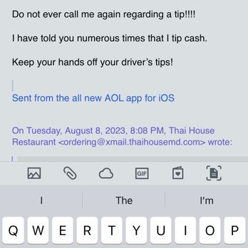 Thai House Restaurant - Idiot keeps trying to add a tip to the bill so that they can take money out of the drivers pocket. - Thai Near Me - Gaithersburg, Maryland