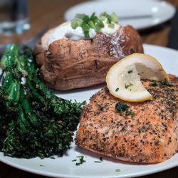 Cheyanne’s Steakhouse & Lounge - Salmon with baked potato and broccolini