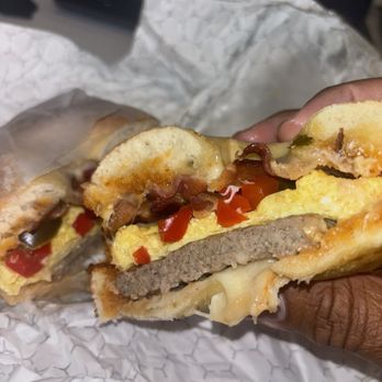 Gallery Cafe - Spicy Bob Ross Jalapeno Cheddar Bagel, Smoked Bacon, Pepper Jack cheese, red pepper. pickied jalapeno, spicy aneno, chipote sauce, eggs - Coffee & Tea Near Me - Chicago, Illinois