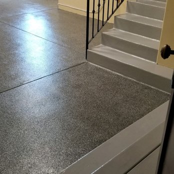 CA Resurfacing - 2 tone, smoke/graphite flake on the floor, light gray on the stairs and border. - Flooring Near Me - Orange, California CA Resurfacing - 2 tone, smoke/graphite flake on the floor, light gray on the stairs and border. - Flooring Near Me - Orange, California