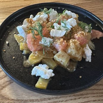 Plank Provisions - GOLDEN BEETS  goat cheese, quinoa, grapefruit, dill, chili crunch, honey vinaigrette - Seafood Near Me - Fort Worth, Texas