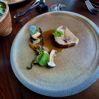 Harbor House Inn - Pork loin and mushrooms with teenie tiny wasabi leaves - Bed & Breakfast Near Me - Elk, California