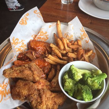 Yo' Mama's - 1/2 Fried Wings 1/2 Hot Wings with French fries and broccoli. Yum!!! - Gluten-Free Near Me - Birmingham, Alabama
