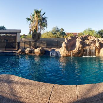 Sharp Pool Creations - New Pebble Sheen, waterline tile, glass step accent tile, and complete structural overhaul of existing waterfall. - Pool & Hot Tub Service Near Me - Cave Creek, Arizona Sharp Pool Creations - New Pebble Sheen, waterline tile, glass step accent tile, and complete structural overhaul of existing waterfall. - Pool & Hot Tub Service Near Me - Cave Creek, Arizona