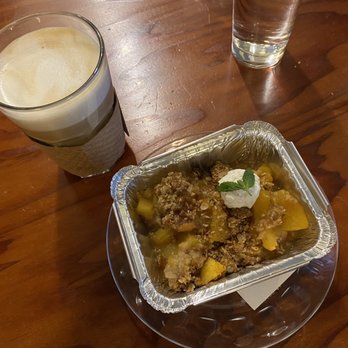 Juliet - Peach Cobbler and Hot Oat Milk Latte - Cafes Near Me - Somerville, Massachusetts Juliet - Peach Cobbler and Hot Oat Milk Latte - Cafes Near Me - Somerville, Massachusetts