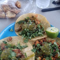 Bomb tacos de chicharrone con nopales, as well as all pastor & tripas.  Nopales con Chicharron Por Libra Al Pastor Por Libra Tripa Por Libra