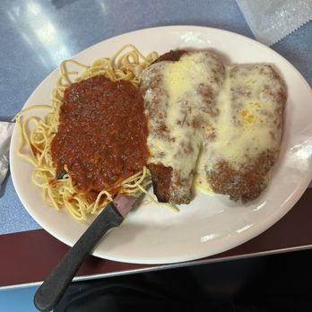 Broadway Diner - Eggplant Parmesan with spaghetti.  "Senior" dinner. - Diners Near Me - Baltimore, Maryland