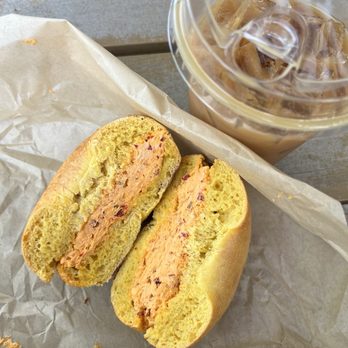 Goldstein's Bagels & Bialys - Szechuan cream cheese, egg bagel, oat milk latte - Bagels Near Me - Boise, Idaho Goldstein's Bagels & Bialys - Szechuan cream cheese, egg bagel, oat milk latte - Bagels Near Me - Boise, Idaho