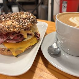 Pastrami breakfast sandwich and flat white Pastrami breakfast sandwich and flat white