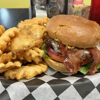 Frazer's Place - Classic Bacon cheeseburger and waffle fries... cooked just the way I like it. Med rare - American Near Me - Windsor, Vermont