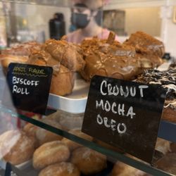 Cal’s Bakeshop - Biscoff roll. Coconut mocha Oreo donut