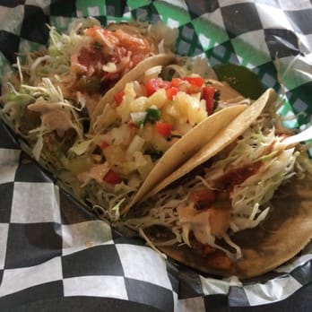 Pelon's Baja Grill - Two fish tacos (on the sides) and a shrimp taco in the middle! - Mexican Near Me - Norfolk, Virginia Pelon's Baja Grill - Two fish tacos (on the sides) and a shrimp taco in the middle! - Mexican Near Me - Norfolk, Virginia