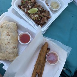 Chicken Sisig, handheld burrito, lumpia