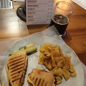 Southern Barrel Brewing - Couldn't wait to take a bite! Grilled pimento cheese sandwich with a Milk Stout! Yum! - American Near Me - Bluffton, South Carolina Southern Barrel Brewing - Couldn't wait to take a bite! Grilled pimento cheese sandwich with a Milk Stout! Yum! - American Near Me - Bluffton, South Carolina