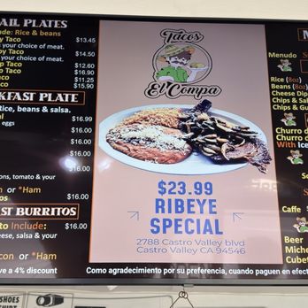 Tacos El Compa - Inside menu (right tv) - Mexican Near Me - Castro Valley, California