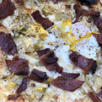 Journeyman Meat Company - Bianco Pizza (Roasted leeks with Organic Cowgirl Creamery Wagon Wheel Cheese, Bacon and Farm Egg). - Meat Shops Near Me - Healdsburg, California Journeyman Meat Company - Bianco Pizza (Roasted leeks with Organic Cowgirl Creamery Wagon Wheel Cheese, Bacon and Farm Egg). - Meat Shops Near Me - Healdsburg, California