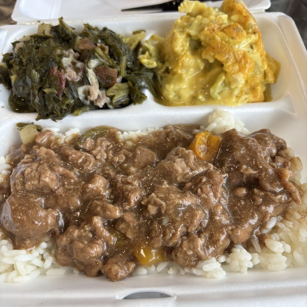 The Old Koke Plant - Beef tips and gravy over rice with turnip greens and squash casserole - Southern Near Me - Brookhaven, Mississippi The Old Koke Plant - Beef tips and gravy over rice with turnip greens and squash casserole - Southern Near Me - Brookhaven, Mississippi