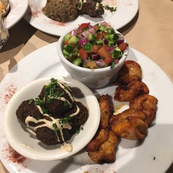 Oren's Hummus - Chicken skewer with a side of falafels and Israeli salad - Mediterranean Near Me - Cupertino, California