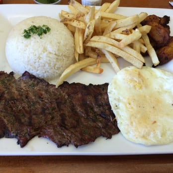 Mr Pollo - Bisteck a lo pobre. Remember to get the green aji sauce and chimichurri/herb oil! - Peruvian Near Me - West Covina, California