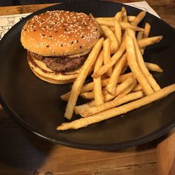 Kids hamburger with fries.