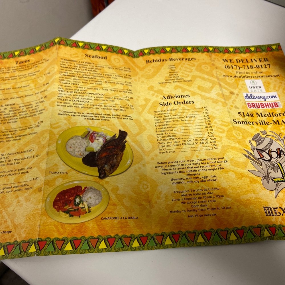 Don Julio Restaurant - the menu of the restaurant - Mexican Near Me - Somerville, Massachusetts