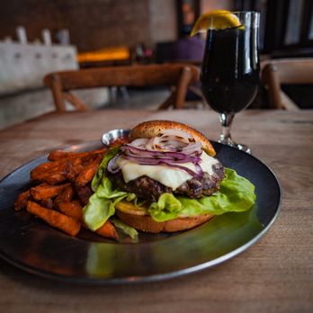 Eureka! - Eureka burger, sweet potato fries, charcoal lemonade - American Near Me - Austin, Texas Eureka! - Eureka burger, sweet potato fries, charcoal lemonade - American Near Me - Austin, Texas