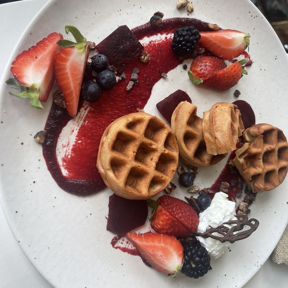Dot Cafe - Berry waffles with three small waffles - good for kids but not filling for adults - Coffee & Tea Near Me - San Diego, California Dot Cafe - Berry waffles with three small waffles - good for kids but not filling for adults - Coffee & Tea Near Me - San Diego, California