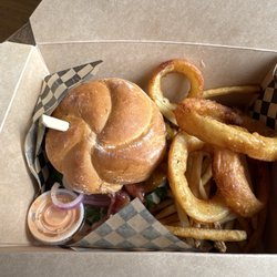 The Bus Stop - Burger to go, plus Onion Rings