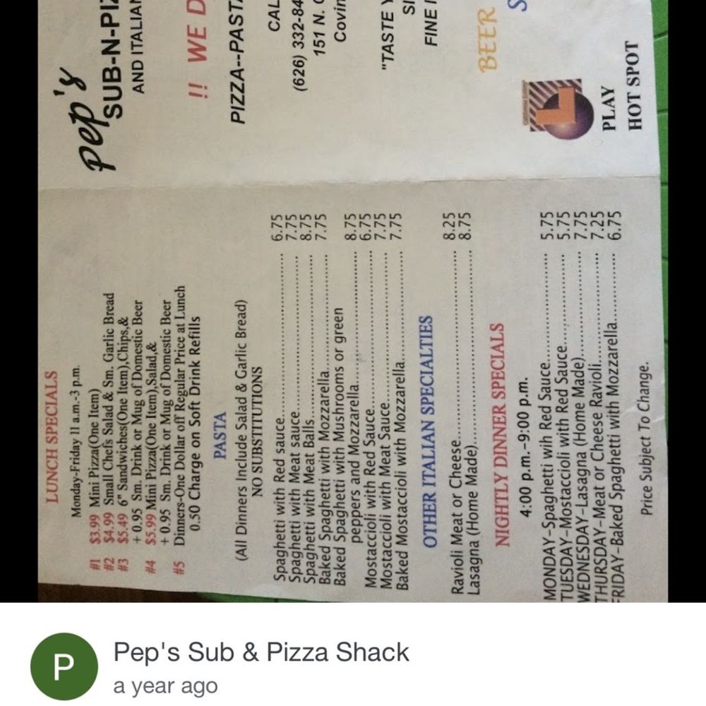 Pep's Sub & Pizza Shack - Another view of the menu - Pizza Near Me - Covina, California Pep's Sub & Pizza Shack - Another view of the menu - Pizza Near Me - Covina, California