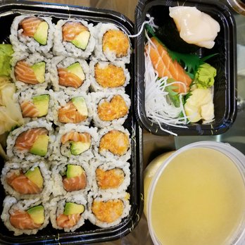 Futigi - salmon avocado (x2), spicy salmon, salmon sashimi, scallop sushi, and miso soup (takeout) - Japanese Near Me - Fresh Meadows, New York Futigi - salmon avocado (x2), spicy salmon, salmon sashimi, scallop sushi, and miso soup (takeout) - Japanese Near Me - Fresh Meadows, New York